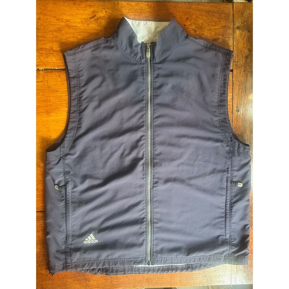 Adidas Mens Full Zip Vest L Navy Blue Mock Neck Golf Athletic Pockets Large